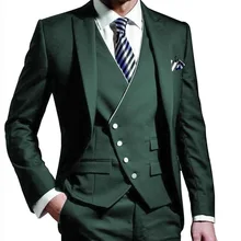 Мужские костюмы из трех предметов, темно-зеленый пиджак для жениха на одной пуговице, деловые костюмы, смокинг(Блейзер+ жилет+ брюки