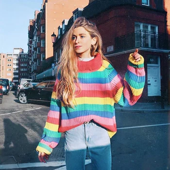 

Women's Rainbow Stripe Turtleneck Sweater Spring Autumn Warm Knitted Sweaters Female Loose Oversized Cardigan Pullover Jumpers