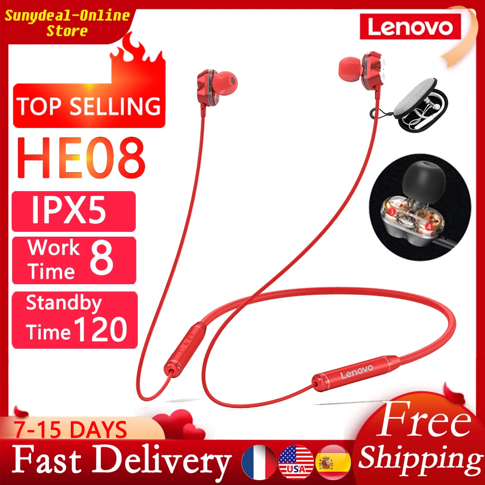 Lenovo HE08 Bluetooth 5.0 Neckband Wireless Headphone Dual Dynamic 4 Driver Metal HiFi Stereo Sport Magnetic Headset For | Электроника