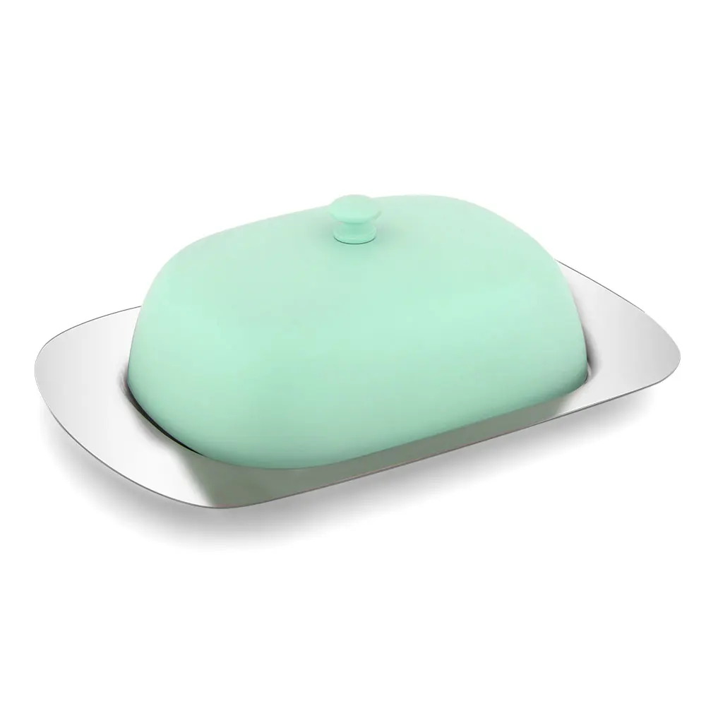 

Butter Dish Box Container Cheese Bread Storage Tray With Blue Lid Stainless Steel Containe