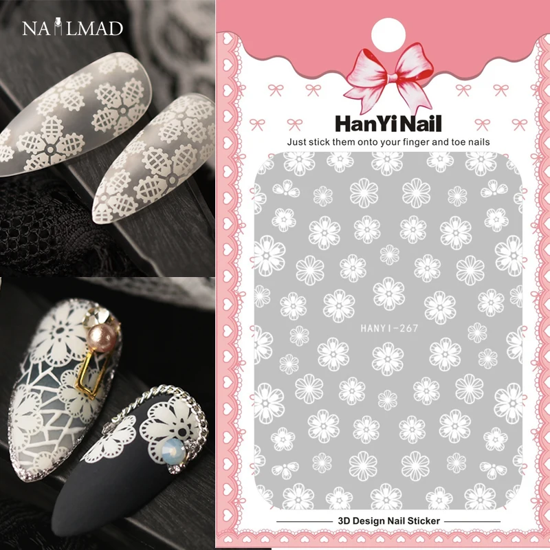 1 sheet White Nail Sticker Fancy Flowers 3D Nail Art Stickers White