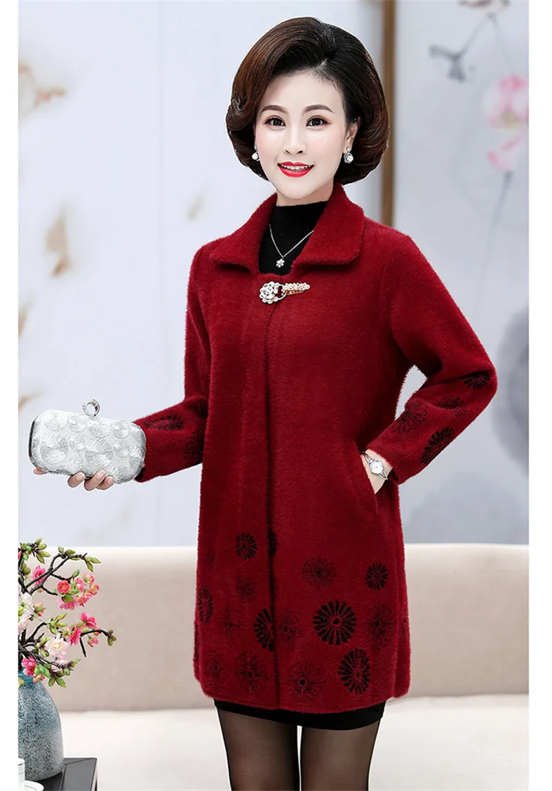 Autumn Winter Middle-aged Women Cashmere Sweater Jacket Large Size Women Imitation Water Velvet Coat 5XL High Quality W1419 - Цвет: Red wine