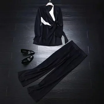 

High Quality Women's Set 2020 Spring Work Suits Ladies Blue Whie Color Block Bowknot Tops Coat+Full Length Pant Sets Female