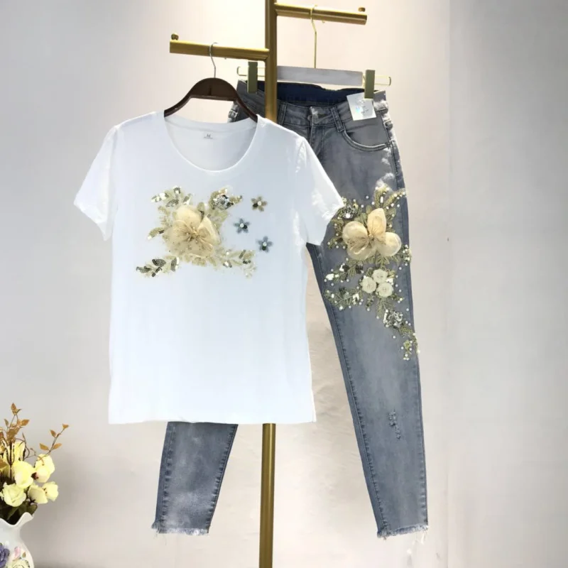 

European Station 2020 Summer Embroidery Sequins 3D Flower Short-sleeved T-shirt + Nine Points Jeans Jfmhrx Two Piece Set Women