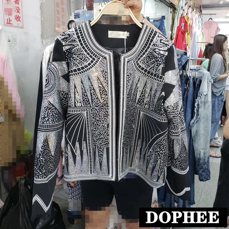 

2019 Fall New Celebrity Heavy Dazzling Sequins Star Abstract Embroidered Jacket Women Round Collar Short Coat Retro Outwear