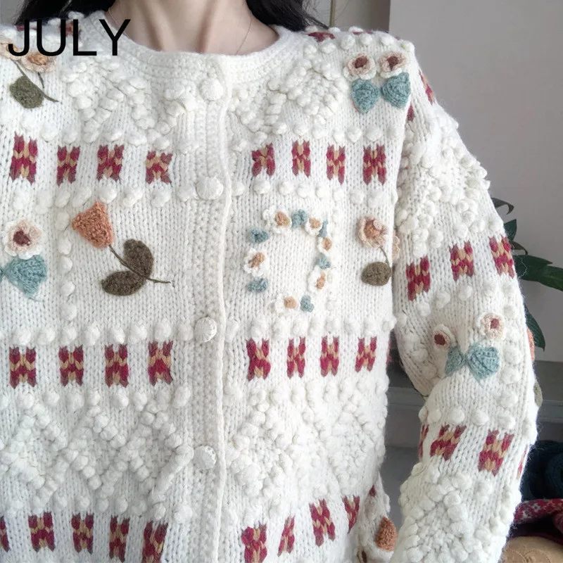 

JULY Women Fair Isle Fluffy Jacquard-knit Sweater Pullover Sweater Ribbing at Crewneck Cuff and Hem in Cozy Style for Winter