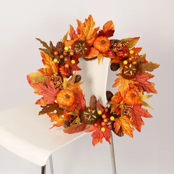 

Thanksgiving Artificial Rattan Wreath 22 Inches Fall Garland with Maple Leaf Berries Pumpkin Harvest Front Door Decoration