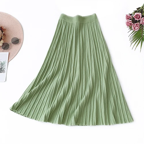 Зеленый Surmiitro осенне-зимняя вязаная миди плиссированная юбка женская корейская Высокая талия трапециевидная розовая черная зеленая длинная юбка женская - Цвет: Зеленый
