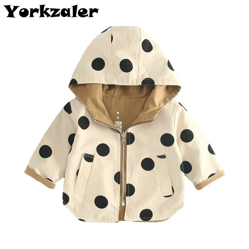 Куртка для маленьких девочек модная верхняя одежда с длинными рукавами Двусторонняя одежда детское пальто, куртки пальто цвета хаки с принтом в горошек для малышей