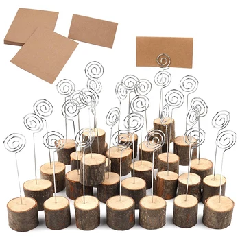 

30 Pcs Rustic Wood Place Card Holders with Swirl Wire Wooden Bark Memo Holder Stand Card Photo Picture Note Clip Holders and Kra