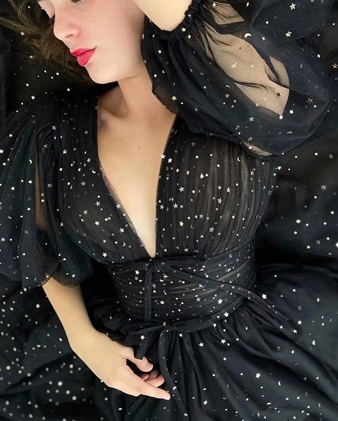 Short Black Starry Tulle Prom Dresses 