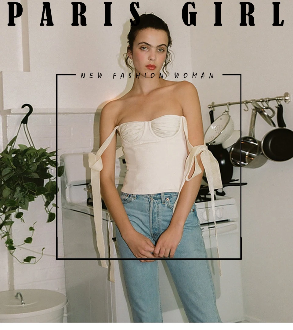 Paris Girl White Crop Tops Female Sleeveless Bandage Short Strap Vest For Women Vintage Fashion Korean Summer Tide