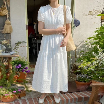 

2020 New Elegant O-neck Embroidery High-Waist Puff-Sleeves Dress Women's Summer Sundresses Bandage Lace-up Maxi Dress Cotton