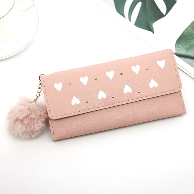 Women's purses Long Wallets Pure Color Wool Ball Bow Clutch Bag Card Coin Purse Standard Wallets PU Solid Polyester Wallet Pink
