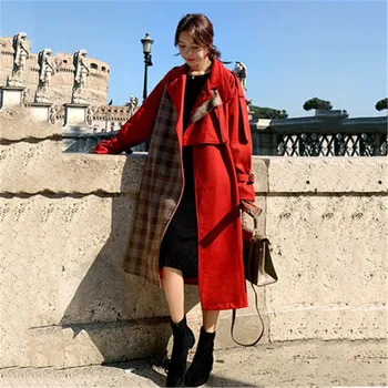 

Women's Autumn Winter Woolen Coat Female plaid Trench Coats 2019 New Korean Long Wool Coat long Sleeve Belt Overcoats XA345