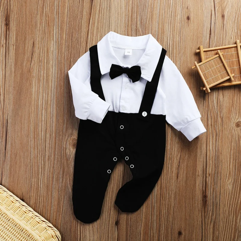 

Spring And Autumn Cute Footies Newborn Baby Boys Long Sleeve Cotton British Style Little Gentleman Stitching Jumpsuit