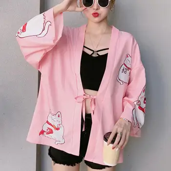 

Kimonos woman 2020 Japanese kimono cardigan Cute Summer Beach Women Lucky Print Kimono Loose Bandage Cardigan Bathrobe kimono