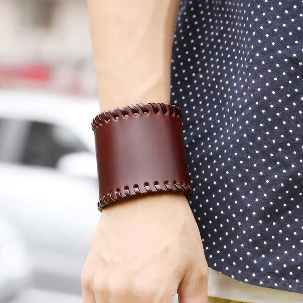 

Creative hand-knitted wide leather bracelet Men's snap-on cuff bracelet Personality rock bangle Student dance Jewellery