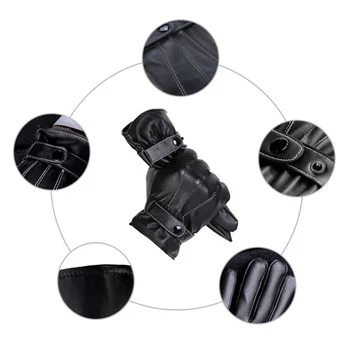 

PU Leather Touch All Smart Phones Screen Mens Warm Gloves with Belt Windproof Cycling Full-fingered Gloves