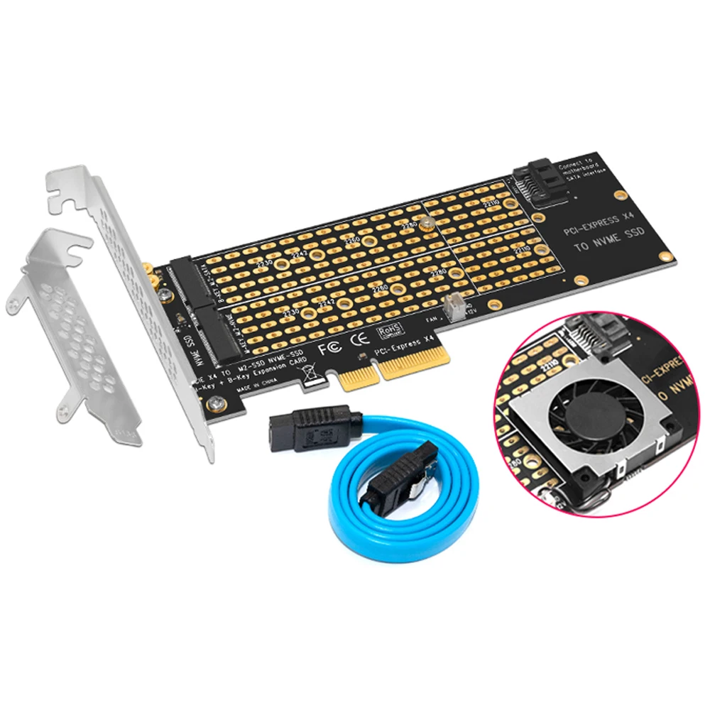 BTBcoin – adaptateur M.2 NVMe SSD vers carte PCIe, clé M + B, avec ventilateur, câble SATA PCIE vers M2, Support 2230 2242 2260 2280