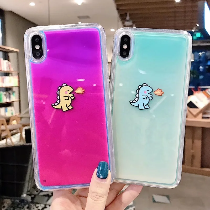 

Luminous Neon Sand Solid dinosaur Case for iPhone XR XS max X 6 7 8plus Glow In The Dark Liquid Glitter Quicksand Phone cover