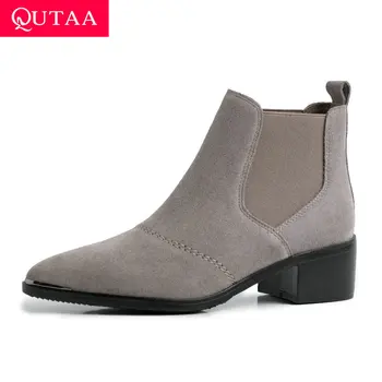 

QUTAA 2020 Cow Suede Fashion Square High Heel Slip on Casual Ankle Boots Pointed Toe Autumn Winter Concise Women Shoes Size34-39