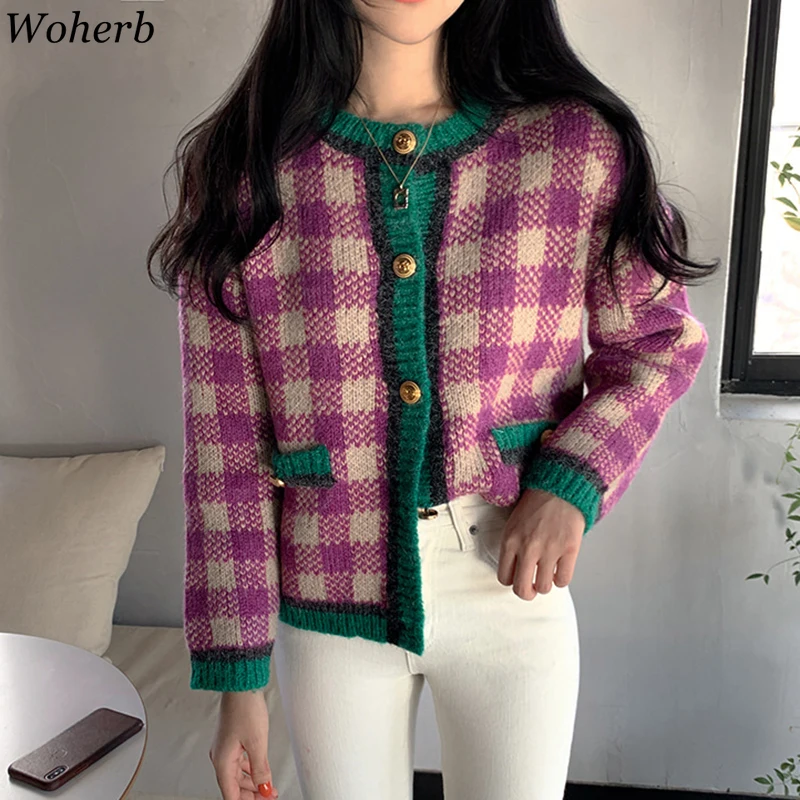 Женский клетчатый кардиган Woherb Contranst осенне-зимний вязаный свитер на пуговицах в