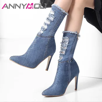 

ANNYMOLI Super High Heel Woman Boots Denim Med Calf Boots Pointed Toe Short Boots Zip Thin Heel Shoes Female Footwear Blue 36-42