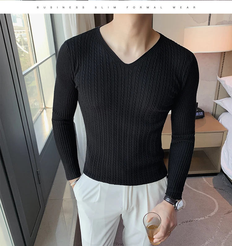2021 new men's fashion brand V-neck casual knitted pullover bottoming sweater muscle brothers long-sleeved sweater Slim men mens sweaters on sale