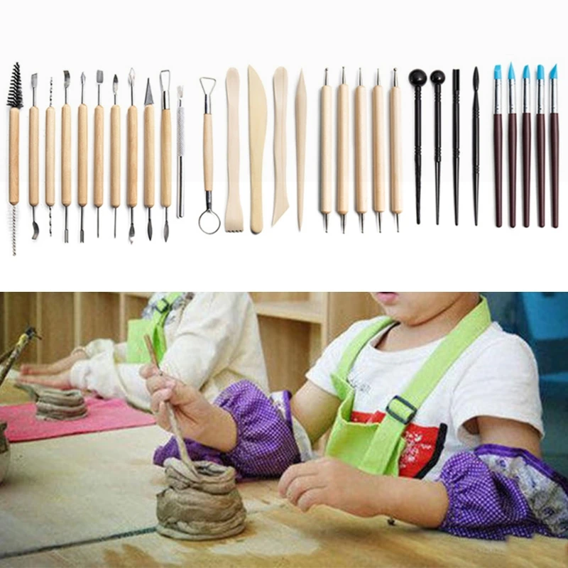 DIY Clay Pottery Tool Set Drill Pen Ceramics Sculpting Carving knife Sculpture Craft Wooden Handle Modeling Kit 30pcs