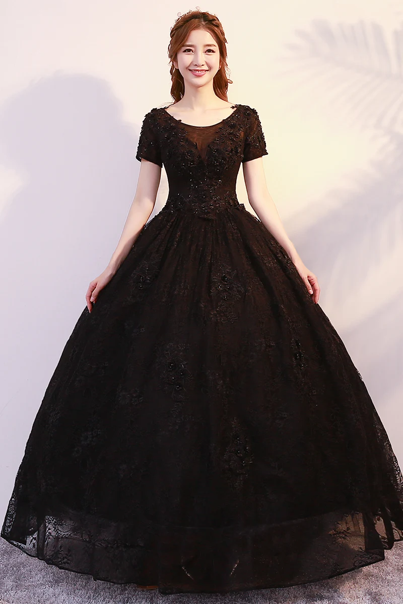 Новая длинная, с коротким рукавом черные платья для выпускного вечера с аппликация кружева бисером Для женщин официальные вечерние бальные платья Праздничное платье Longo