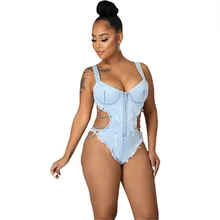 

RStylish 2021 Summer Beach Party Sexy Sleeveless Washed Make Old Hollow Out Chain Lace Up Women Denim One Piece Swimwear