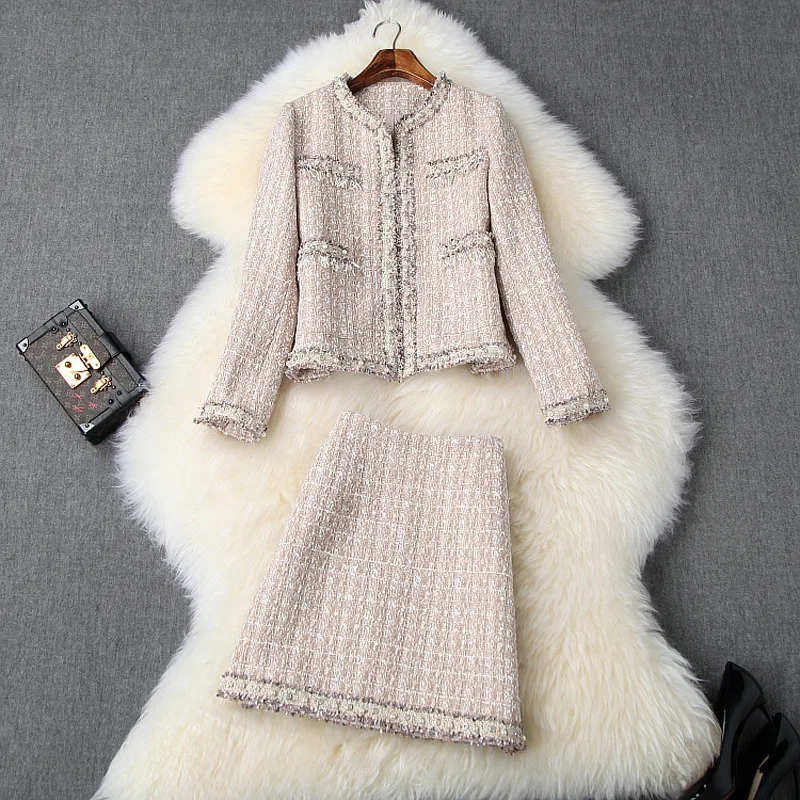 

autumn/winter casual women's wear new diamond-encrusted long-sleeved small fragrance jacket and rough flower A-word skirt set