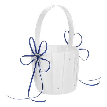 

6*6'' Chic Satin Bowknot Flower Basket Heart Satin Ring Bearer Pillow Wedding Flower Girl Basket Set with Rhinestone Decoration