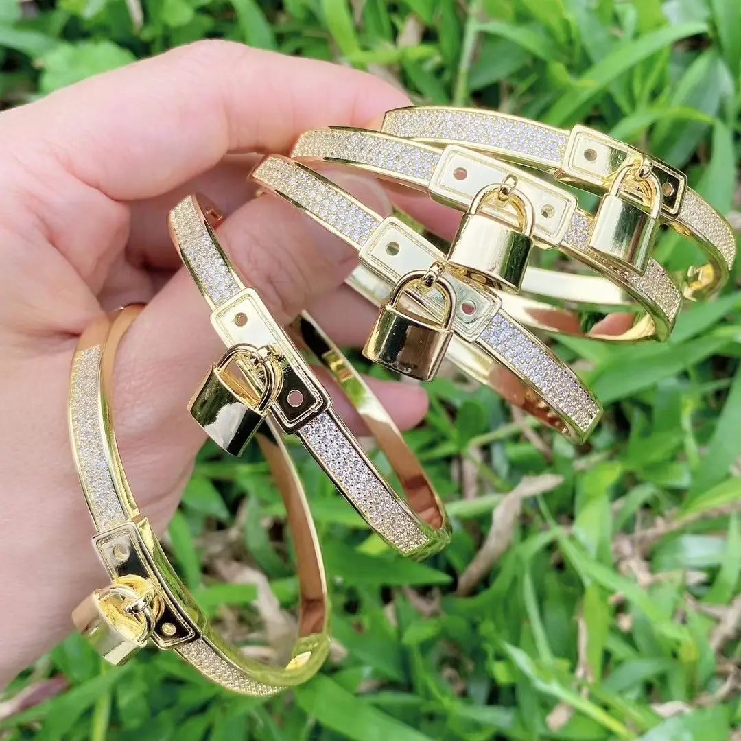

3PCS, Dainty Padlock Zircon Bangles For Women Girls Gothic Gold Color Metal Bracelets Best Couple Jewelry Gift