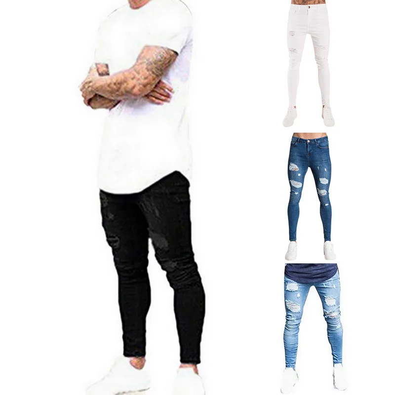 Oeak мужские одноцветные джинсы Новые Модные узкие брюки карандаш сексуальные повседневные рваные дизайнерские уличные