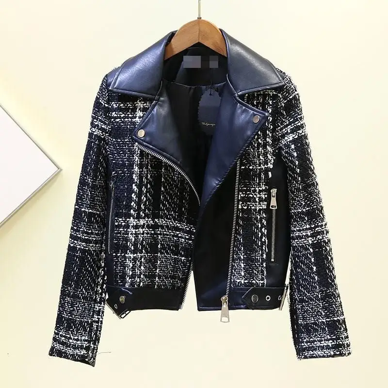 

Tweed Spliced Leather Coat Black Short Pu Leather Jacket Turn-Down Collar Women Zippers Pockets Street Leather Coat