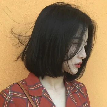 

synthetic Short wig with points bangs bobo short straight wig Korea shoulders buckle clavicle natural fluffy tide natural color