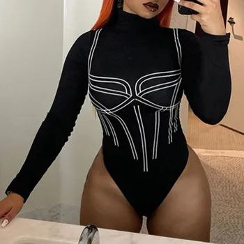 

Women Long Sleeved Bodysuit Female High-collar Solid Color Funny Printed Slim Body Mujer Fashion Basic Skinny Bodysuit Black Hot