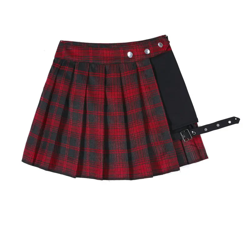 All Match Women Short Skirt Fashion Tartan Red Pleated Skirts Streatwear Plaid Side Button Skirt Womens Casual Mini Skirt - Image 5