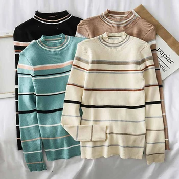 

Autumn Winter Long Sleeve Striped Pullover Women Sweater Knitted Sweaters Turtleneck Slim Tops Korean Pull Jumper Female Black