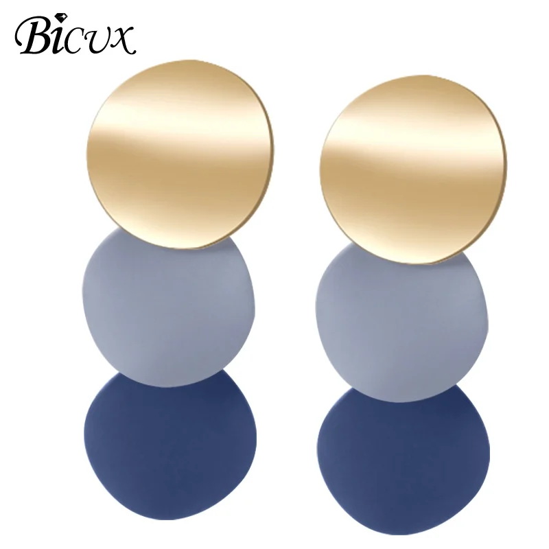 BICUX New Korean Statement Long Drop Earrings for Women Female Fashion Geometry Jewelry Vintage Round Metal Hanging Earring