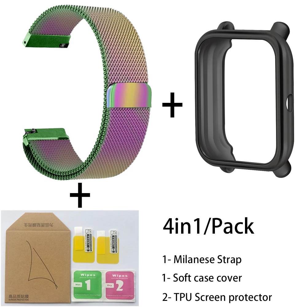 Multicolor-Black cas 4in1 Smartwatch Accessories For Xiaomi Huami Amazfit Bip Strap Stainless Steel Bracelet Magnet With Plating Case Protector Film - Цвет: Multicolor-Black cas