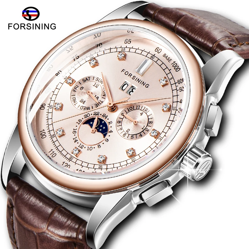 

Luxury FORSINING Rose Golden Series Men Automatic Watch Moon Phase Calendar Design Clock Top Brand Male Wrist Watch Dropshipping