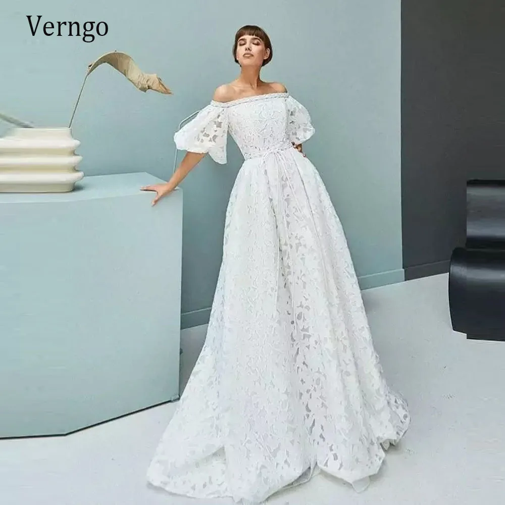 

Verngo Korea Full Lace Wedding Dress Boho Puff Sleeves A Line Bride Gowns Boat Neck Vintage Bridal Gowns 2021 Vestido de noiva
