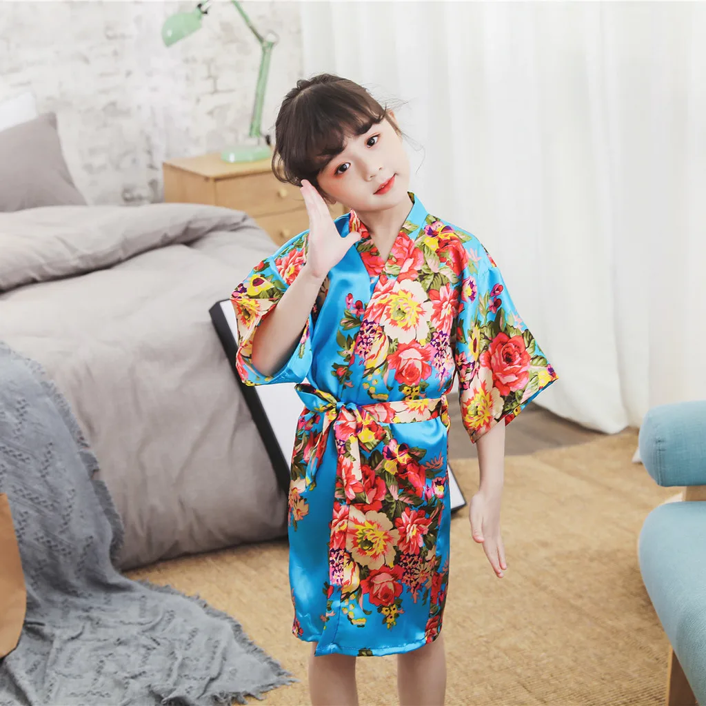 Банный халат, одежда для сна для девочек с цветочным узором, из шелка атласное кимоно; наряд короткий рукав халат Мягкий хлопок, одежда для сна, комплекты одежды Y814