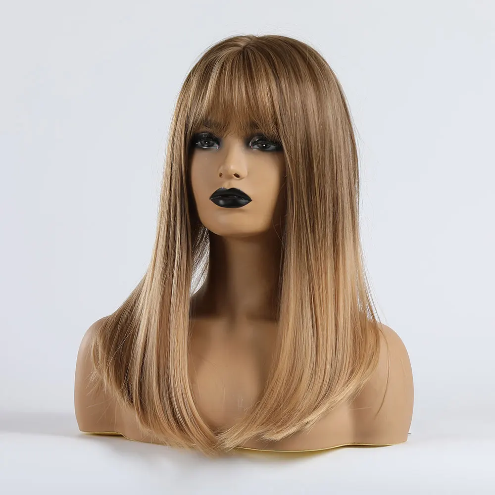 EASIHAIR Ombre Light Blonde Wigs with Bangs Medium Straight Synthetic Wigs for Women African American Heat Resistant Cosplay Wig