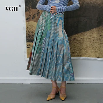 

VGH Pleated Print Irregular Skirts For Women High Waist Asymmetrical Hit Color Autumn Skirt Female Fashion Clothing 2020 Tide
