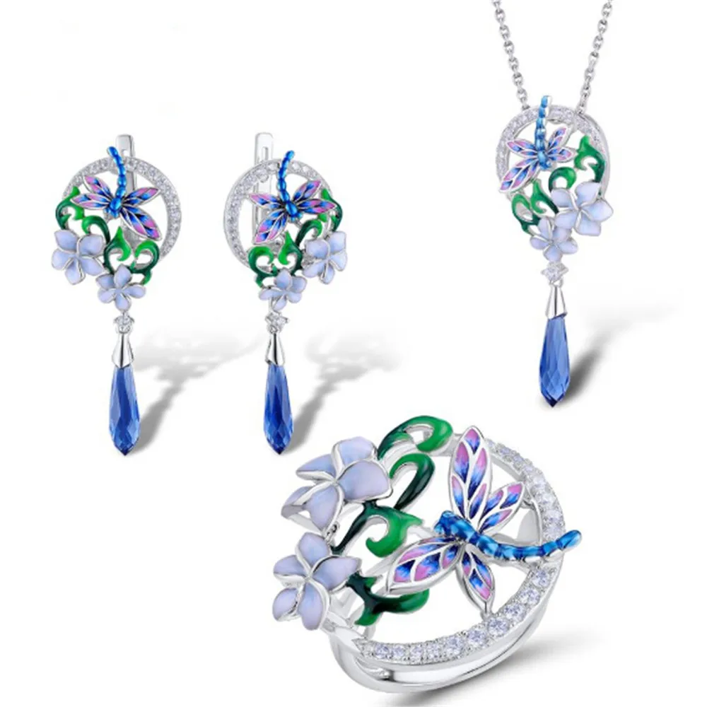 

925 Sterling Silver jewelry set Dragonfly Flower Ring Earrings Pendant necklaces Set Fashion Jewelry HANDMADE Enamel best gift