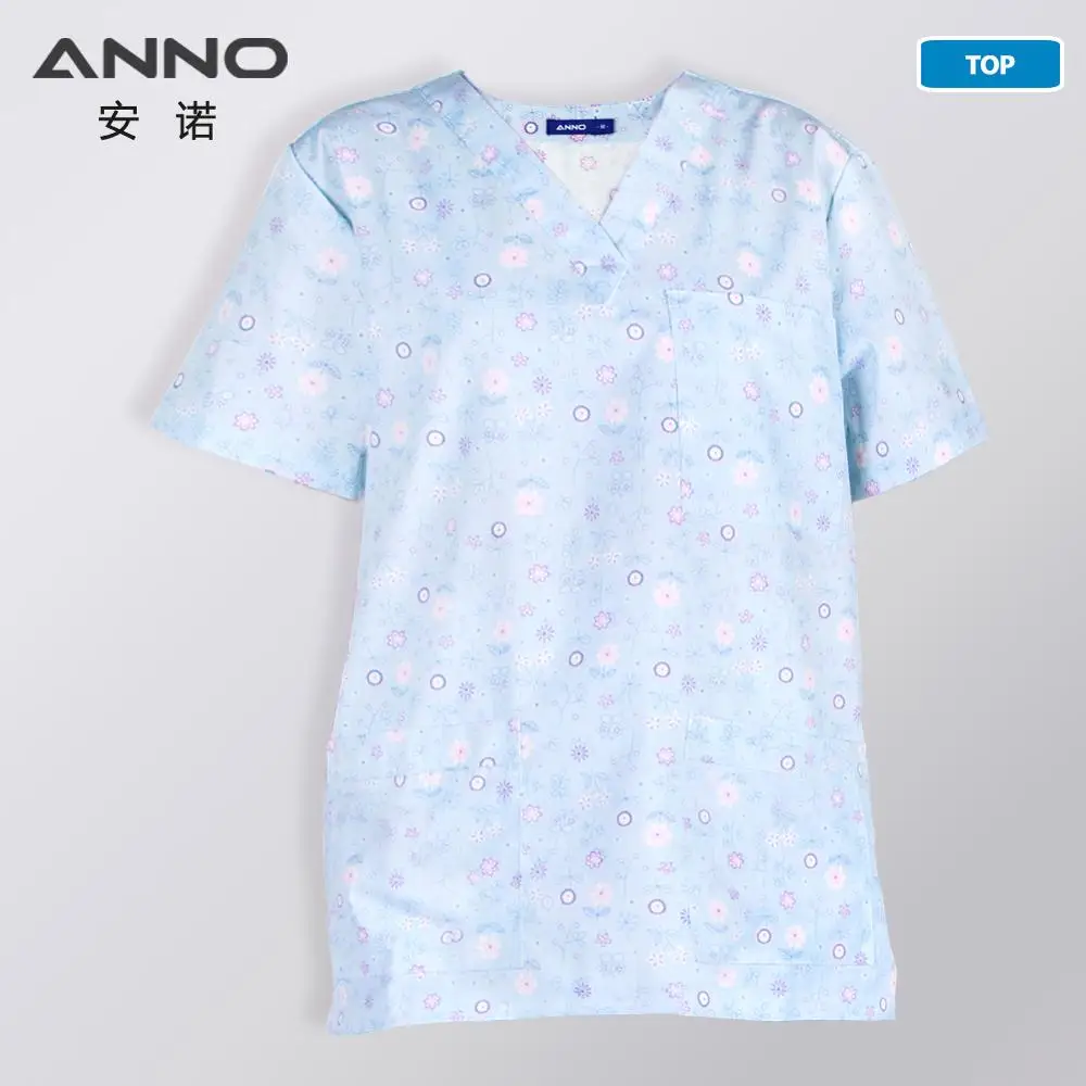 ANNO, хлопковая Больничная Униформа с мультяшным медведем, здоровая форма для ухода за здоровым здоровьем, медицинская, для женщин, мужчин, скрабы, короткий рукав, медиальный костюм - Цвет: DieLianHua-Top